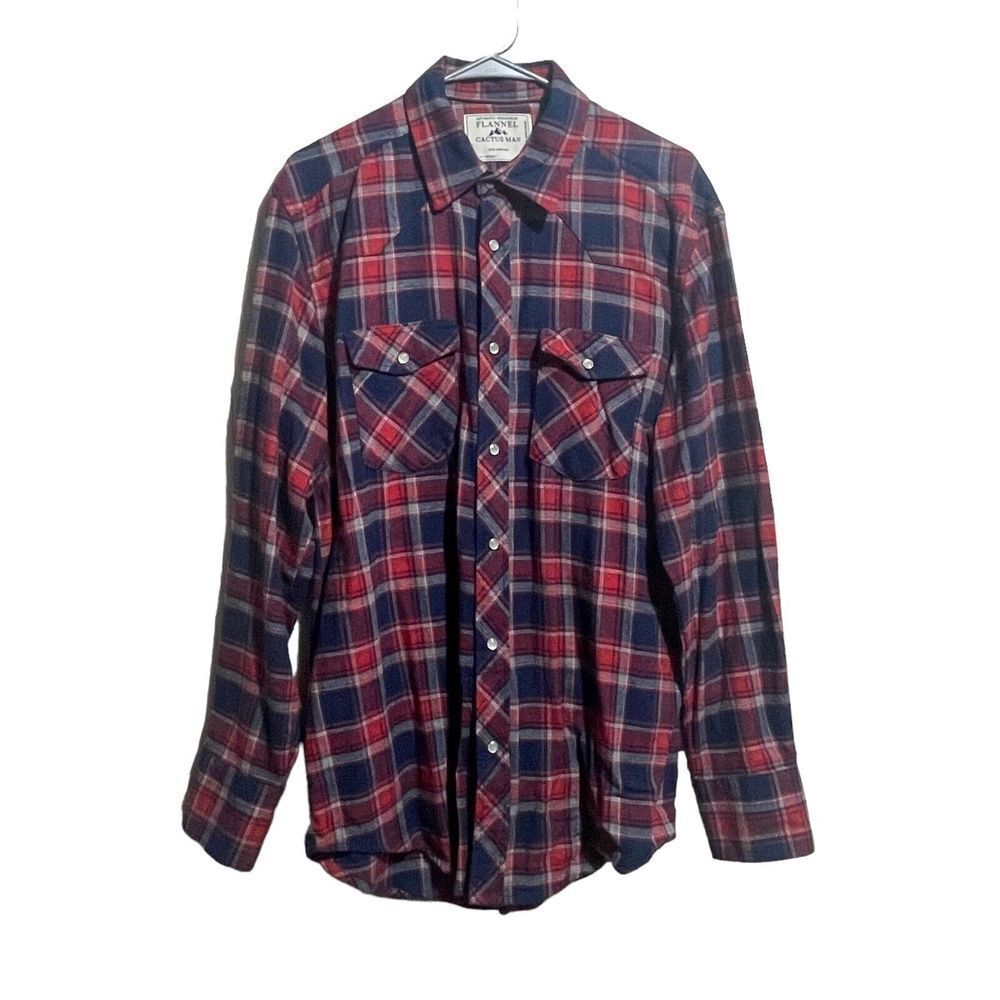 Cactus Man Authentic Workwear Shirt Men's Med Flannel Red Blue Plaid Pearl‎ Snap